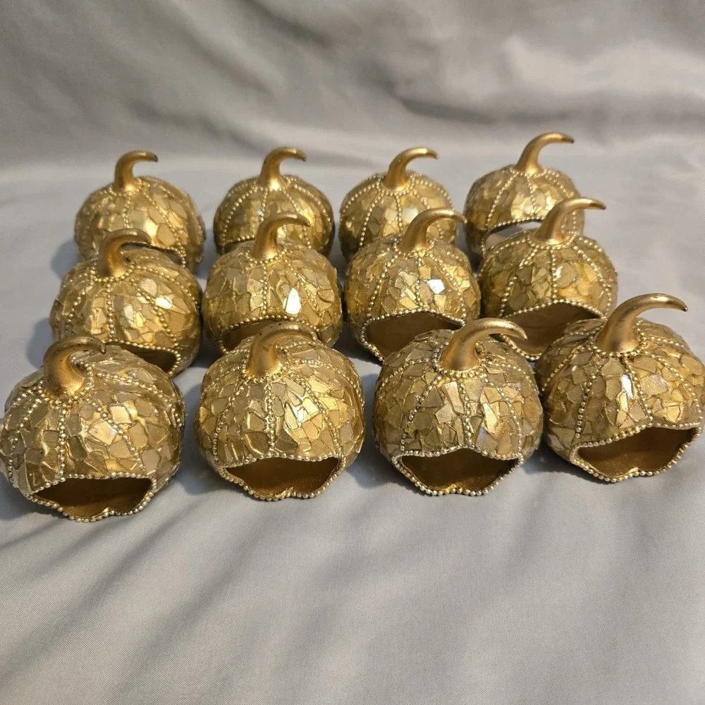 Set of 12 Gold Mosaic Pumpkin Napkin Rings Fall Thanksgiving Table Decor